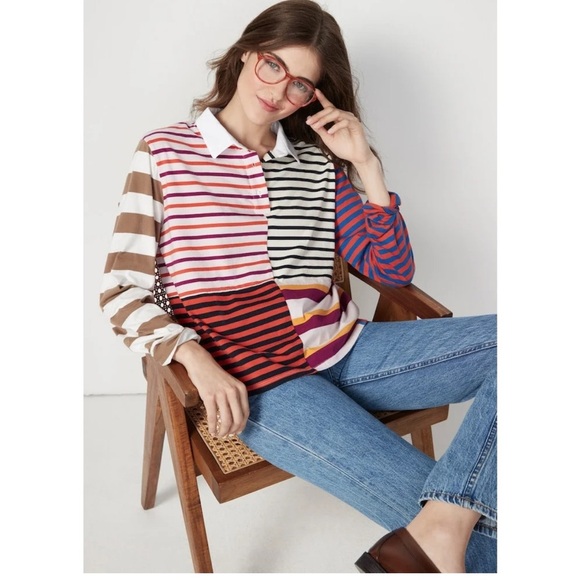 Kule The Patch Rugby Cotton Long Sleeve Tee Pink Multi size XS - Picture 5 of 12